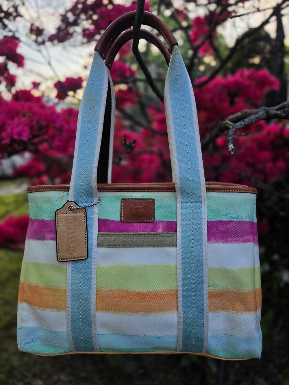 Coach Watercolor Pastel Stripe Canvas Leather Trim Hampton Tote Bag.